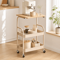 Chariot utilitaire roulant en métal à 3 niveaux avec plateau en bois et roues verrouillables pour le rangement de cuisine (vente en gros)