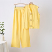 Conjunto de Mujer de Moda Verano 2026: Chaleco de Punto sin Mangas Transpirable con Botones y Pantalones de Pierna Recta Ancha - Venta al por Mayor para Boutiques