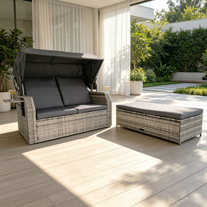 Loisirs plein air rotin <span class=keywords><strong>Double</strong></span> <span class=keywords><strong>lit</strong></span> solaire rotin Chaise salon <span class=keywords><strong>jardin</strong></span> piscine auvent <span class=keywords><strong>lit</strong></span> canapé-<span class=keywords><strong>lit</strong></span> avec tabouret banc - Product Image 2