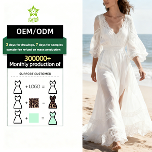 Custom Deep V Neck Lace Trim Sheer Sleeve Ruffled <strong>Maxi</strong> <strong>Dress</strong> High Waist Side Slit Beach Wear Flowy Fabric Stylish Casual Outfit - Product Image 1