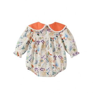 Newborn Summer Romper for Girls 2024 Autumn Collection Woven Cotton 100% Cotton Orange Collar with <b>Snap</b> Button Closure - Product Image 3