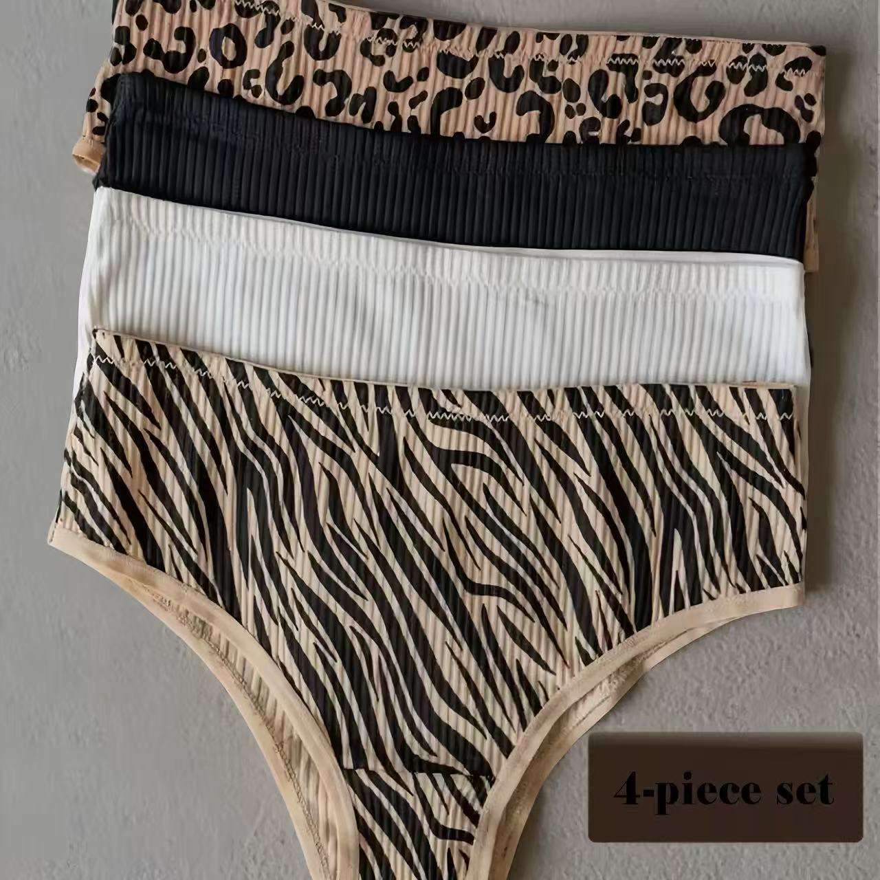 4 Piece Set in Stock Cotton Panties Ribbed Low Waist Briefs Leopard Print Leopard Print Knickers Lingerie Leopard Brief Panties