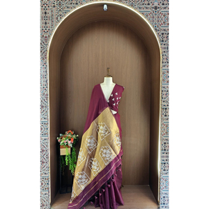 Women's Designer Embroidered Silk <b>Saree</b> <b>Maroon</b> With Golden Pallu And Floral Motifs Traditional Indian Wedding Wear - Product Image 6
