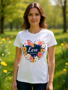 T-Shirt da Donna Traspirante con Stampa Floreale a Cuore, Manica Corta, Collo Tondo, Casual, Primavera-Estate, 100% Cotone Jersey - Product Image 2