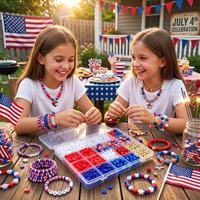 Coffret de perles en argile polymère pour la Fête de l'Indépendance, perles rondes intercalaires rouges, bleues et blanches, breloques patriotiques en forme d'étoile pour la fabrication de bracelets DIY