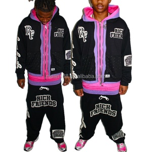 Ensemble de survêtement triple couche avec sweat à capuche zippé délavé à l'acide et pantalon de jogging triple couche, avec patch brodé et strass, personnalisable - Product Image 1
