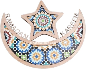 Plateau de service flexible en bois et nacre pour le Ramadan Eid Mubarak |   Plateau élégant fait à la main avec incrustations pour les boissons et les sucreries - Product Image 1