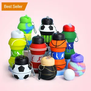 Novedad Botella de agua Deportes Balón de fútbol Plegable Silikon Plegable Bouteille Viajes Niños Botella de agua de silicona