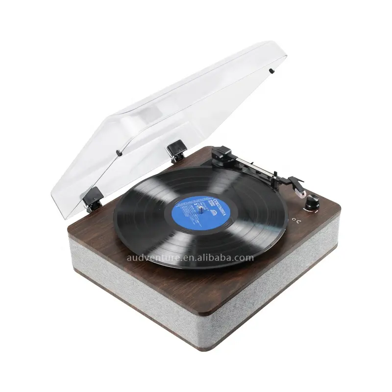 Tourne-disque en vinyle rétro avec couvercle anti-poussière, haut-parleur stéréo intégré, fonction USB/ BT/prise écouteurs