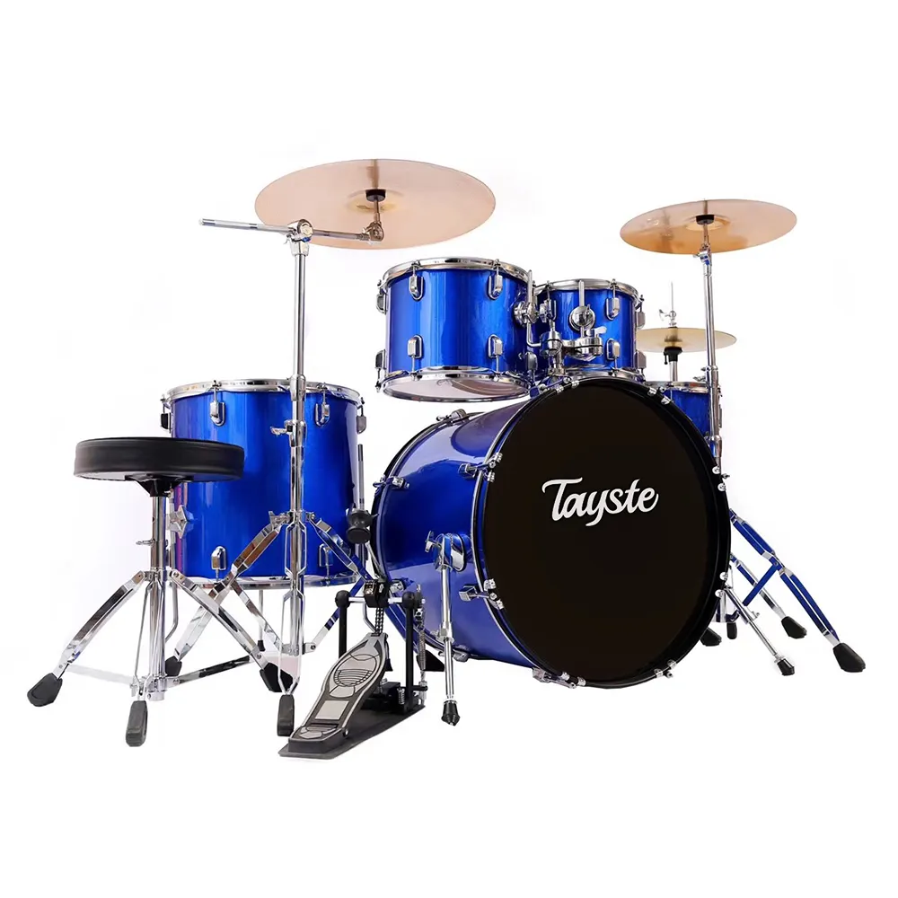 Fabriek Goede Kwaliteit Drums Kit Percussie Instrument Zwart Geel Blauw Goud Kleur 5 Drums 2 Bekkens Jazz Drumstel