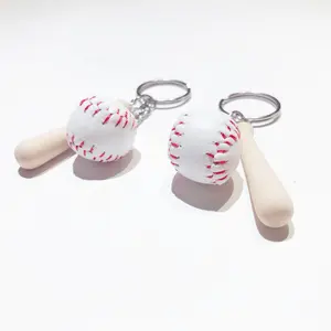 2021 Hot White Color Pu Leather Sports Baseball and Wooden Bat Key Chain Key Ring Set Gift