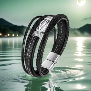 Custom Made Figure Eight Stainless Steel <b>Leather</b> Rope <b>Bracelet</b> For Men Multi Layer Woven Black Steel Color Gift Jewelry - Product Image 2