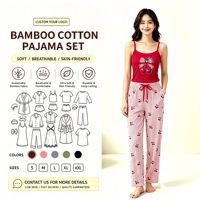 Ensemble de pyjama pour femmes en coton de bambou ultra doux personnalisé, motif cerise, débardeur à bretelles spaghetti, pantalon ample rayé, vêtements de détente