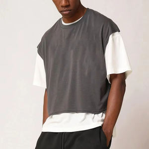 패션 디자인 사용자 정의 로고 느슨한 일반 플러스 사이즈 라운드 넥 스트리트웨어 박시 크롭 더블 레이어 힙합 남성 대형 티셔츠 - Product Image 2