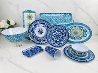 Ensemble de plateaux rectangulaires en mélamine en plastique bleu Assiette de buffet durable Plateaux incassables au design nordique pour servir en fête