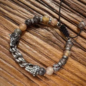Wolf Buddha Weave Adjustable Bracelet Stainless Steel Anchor Natural Stone Beaded Bracelets Men Women Handmade Jewelry