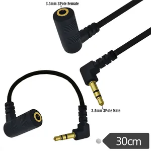 Headphone 3.5mm kabel ekstensi 30cm DC Audio Stereo 3.5mm pria ke 90 derajat kanan siku wanita M/F Plug 3 4 konverter adaptor