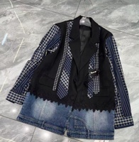 OUDINA Nouvelle Veste Décontractée Ample en Jean à Carreaux et Patchwork Irrégulier pour Femme