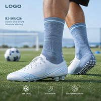 Chaussettes de football anti-humidité à grip, bleu poudré, coupe mi-mollet, ajustement sûr sur le terrain, pour crampons fins, OEM, marque privée, échantillonnage en vrac, emballage