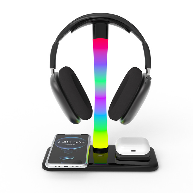 Multifunction Integration Colorful Ambient Light Headphones Holder Mobile Phone TWS Wireless Charging Station