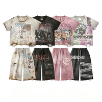 Ensemble de survêtements décontractés personnalisés effet vieilli, t-shirts et shorts en coton surdimensionnés avec strass et motifs vintage, vente en gros