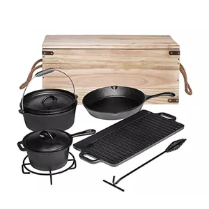 Hot Sale Camping Outdoor Kookgerei Soep Potten Koekenpan 7 Stuks Gietijzeren Kookgerei Set Met Houten Doos