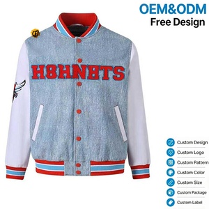 เสื้อแจ็คเก็ตเดนิมทรงบอมเบอร์แบบปะติดปะต่อของรัฐเดลาแวร์ คอตั้งยาว สีน้ำเงิน ตัวเสื้อทำจากเดนิมสีน้ำเงิน แขนเสื้อทำจากผ้าทวิลสีขาว ซับในทำจากผ้าซาตินสีน้ำเงิน - Product Image 1
