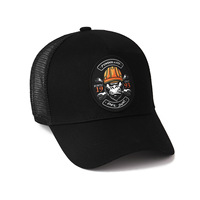 Casquettes de baseball ajustables à 5 panneaux avec logo tissé circulaire personnalisé, en maille respirante, style camionneur, à fermeture snapback