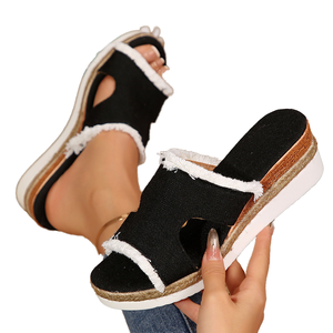 Plus Size Hemp Rope Open Toe Wedge Slippers Women's Spring Summer New Canvas Casual Lightweight Slip-On <b>Flat</b> <b>Sandals</b> - Product Image 1