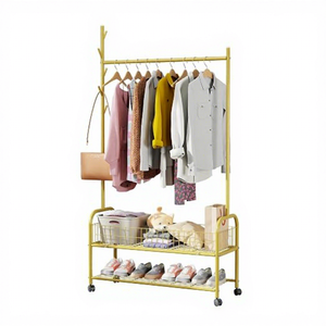 Modern Yellow Metal <b>Clothing</b> <b>Rack</b> With Double Tier Storage Shelf And Wheels For Living Room Use - Product Image 2