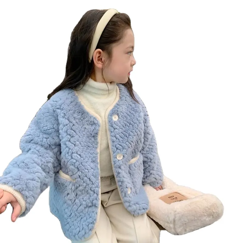 Ivy83632A Latest Hot Sale Winter Girls Wool Coat Korean Baby Blue Fluffy Elegant Jackets Kids Warm Easy-matched Outwear