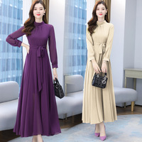 Robe de plage élégante et amincissante en mousseline unie à manches longues, taille haute, nouvelle collection Printemps 2026 pour femme