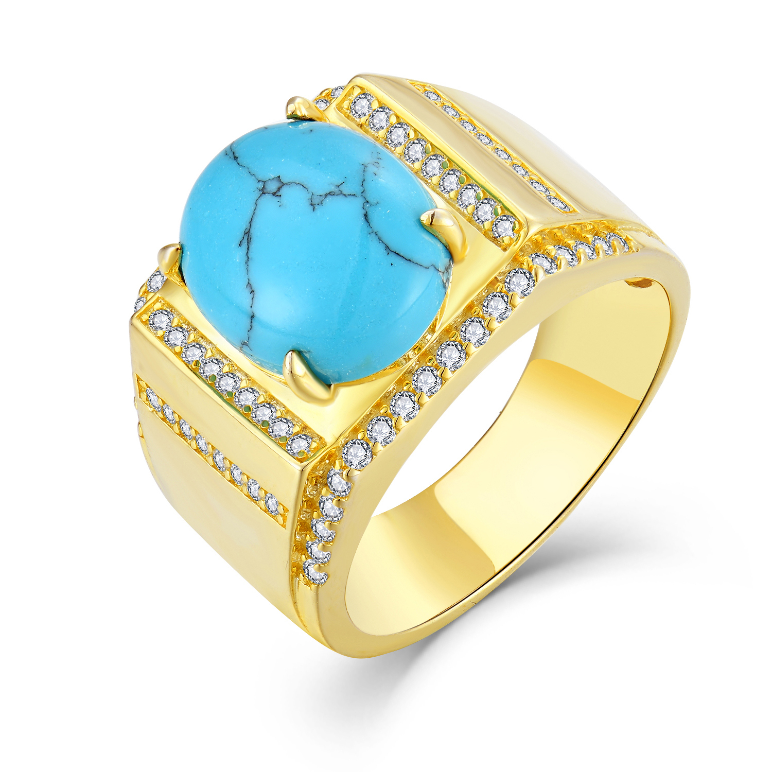 Bague En Turquoise Naturelle Plaquée Or 18K Sur Argent 925 - Taille 5 à 11 - Faite Main Vintage