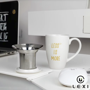 Taza de café de cerámica blanca con letras doradas 'Less Is More' e infusor de acero inoxidable para preparar té de hojas sueltas, para uso en la oficina - Product Image 3