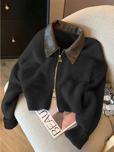 <span class=keywords><strong>Cardigan</strong></span> Vintage a maniche lunghe da donna <span class=keywords><strong>con</strong></span> colletto in pelle morbido lavorato a maglia per lo Streetwear invernale a doppia <span class=keywords><strong>cerniera</strong></span> - Product Image 6