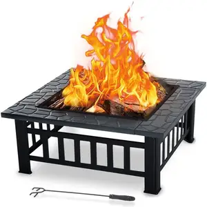 32'' Fire Pit Table Outdoor, 4 in 1 Multifunctional Patio Backyard Garden Fireplace Heater/BBQ/Ice Pit BBQ Table