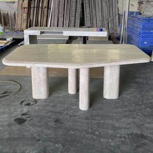 Tavoli da Pranzo con Piedistallo in Marmo <span class=keywords><strong>Travertino</strong></span> Beige Lucidato Turco, Design Moderno per Sala da Pranzo - Product Image 2