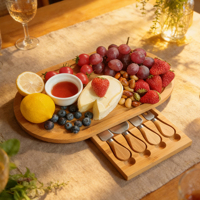 Plateau à fromage miniature en bambou personnalisable avec un ensemble de couverts 4 pièces, plateau en bois avec tiroir à couverts dissimulé pour fromage et pizza