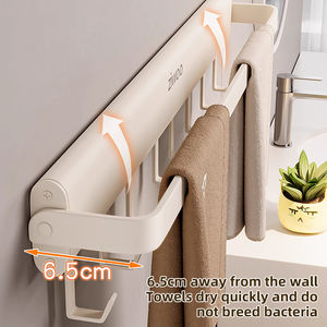 Porte-serviettes mural <span class=keywords><strong>sans</strong></span> perçage pour salle de bain, étagère de rangement avec crochets pour serviettes de bain et toilettes - Product Image 2
