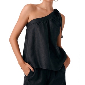 Hot Sales Summer Essential Women Linen Tops Resort Style One Shoulder <b>Tie</b> Detail Elastic <b>Back</b> Tank Top - Product Image 1