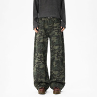 Jean camouflage ample à perles style rétro américain, taille décontractée, pantalon long tendance vintage