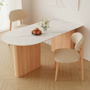 Table à manger de style médiéval en bois massif avec plateau en pierre, chaises, comptoir blanc, forme ovale semi-circulaire pour 4 à 8 <span class=keywords><strong>personnes</strong></span> - Product Image 2