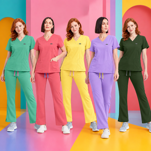 Set di Divise Mediche da Donna Giallo Burro Brillante, Top con Scollo a V e Pantaloni a Zampa, Traspiranti e Morbidi, per <span class=keywords><strong>Infermiere</strong></span> - Vendita all'Ingrosso - Product Image 1