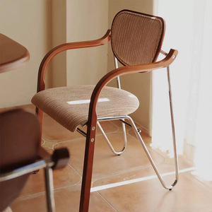 Chaise de salle à manger en bois massif de style vintage avec dossier rembourré en tissu, design minimaliste, pour la maison, le café, la bibliothèque - Product Image 1