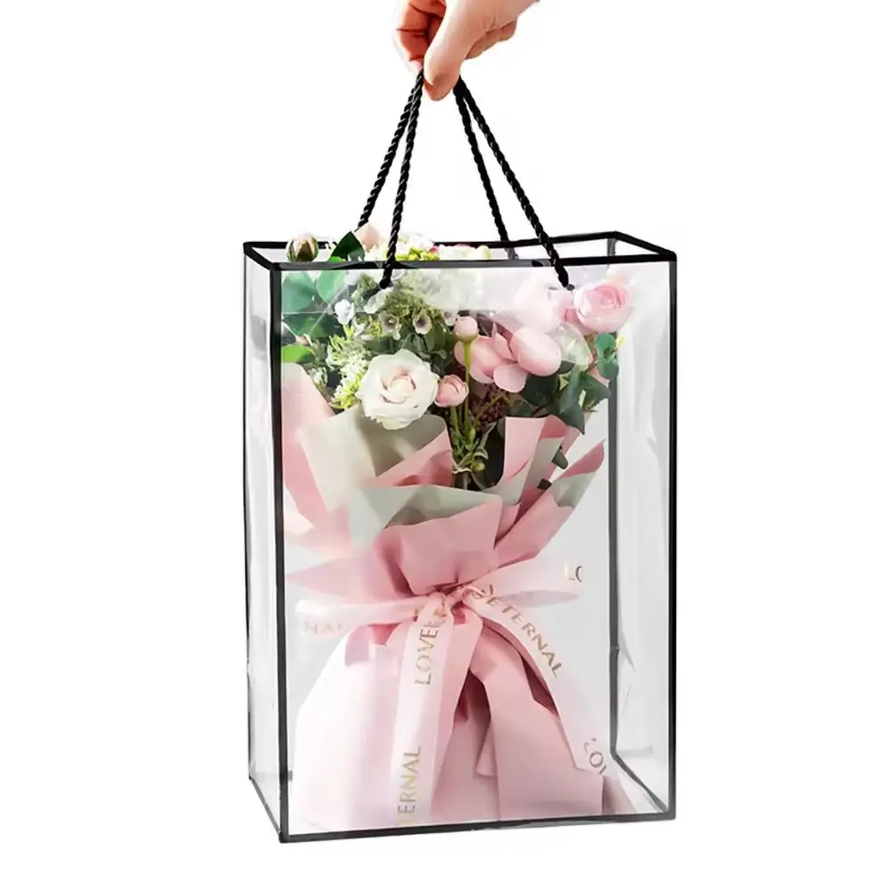 Venta al por mayor de flores personalizadas bolsa de transporte transparente bolsos floristería decoración ramo de flores envolver bolsas de embalaje de PVC