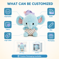 Peluche éléphant bébé en combinaison à pois avec bonnet de nuit, bleu doux, animal en peluche pour cadeau de bébé