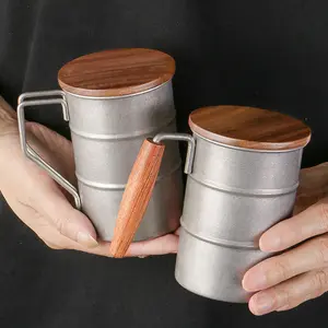 Creative Man Vintage 304 Stainless Steel Mug Beer Cup Outdoor Travel Camping Water Cup Wooden Handle Wooden Lid