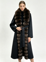 Manteau long en laine Janveny 2026 pour femme, chaud, avec poignets en vraie fourrure de renard et ceinture, en mélange de laine