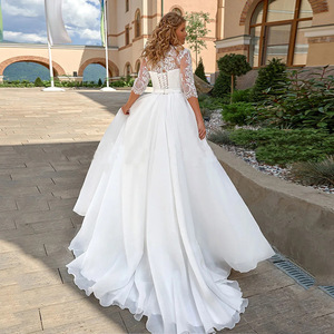 Wedding Dress V-neck <b>Lace</b> Ball Gown 3/4 Sleeve <b>White</b> Satin Bridal Gown Mori Girl Style - Product Image 4