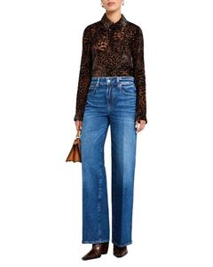 Pantalon large classique pour femmes de bureau, bleu foncé, taille haute, coupe droite, jean pour femmes - Product Image 1